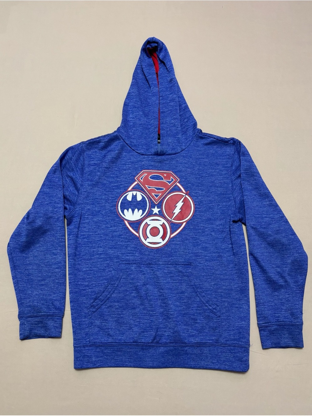 Justice League Graphic Superhero Icons Blue Pullover Hoodie Boy’s Size Medium